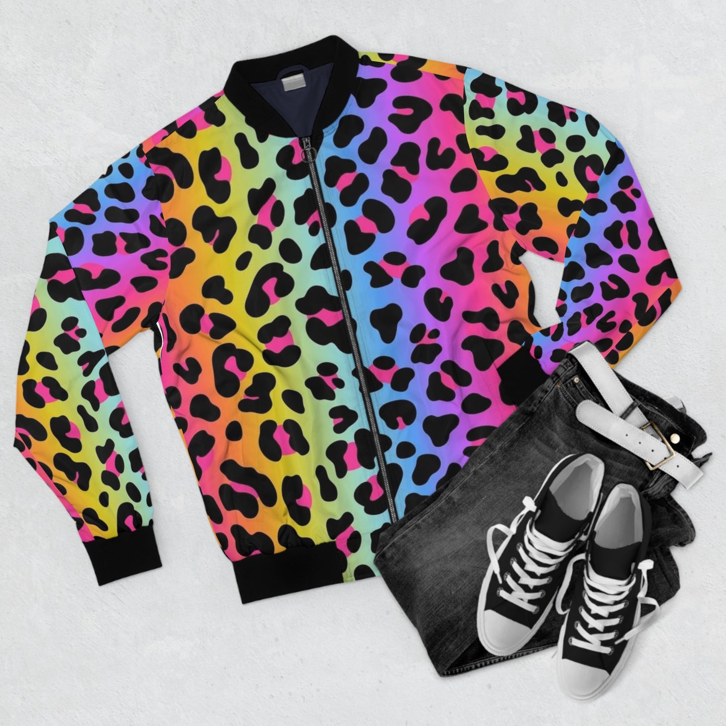 Rainbow Leopard Print Bomber Jacket